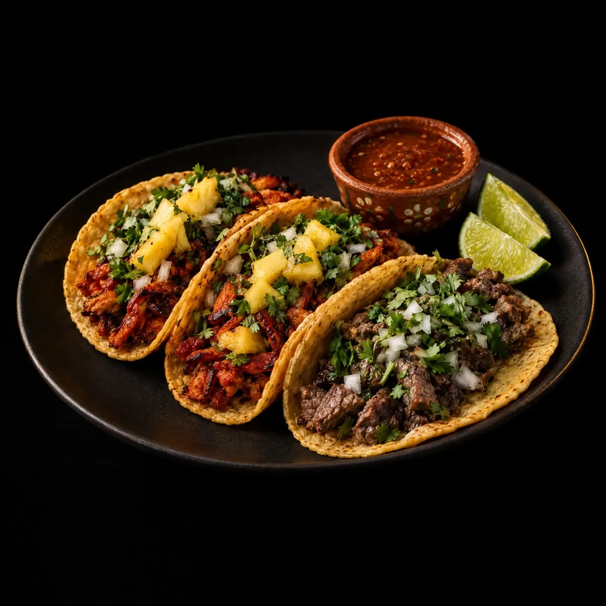 Three street tacos on a matte black plate — al pastor and carne asada — with a clay bowl of red salsa and lime wedges