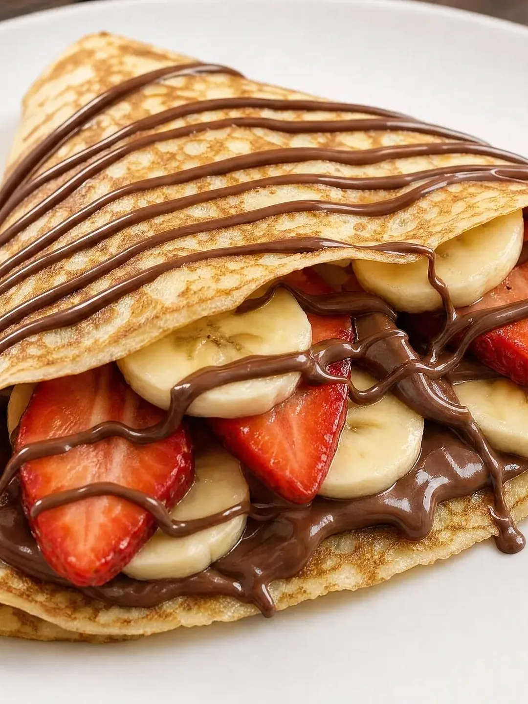 Folded crepe filled with strawberries, bananas and hazelnut chocolate, drizzled with chocolate