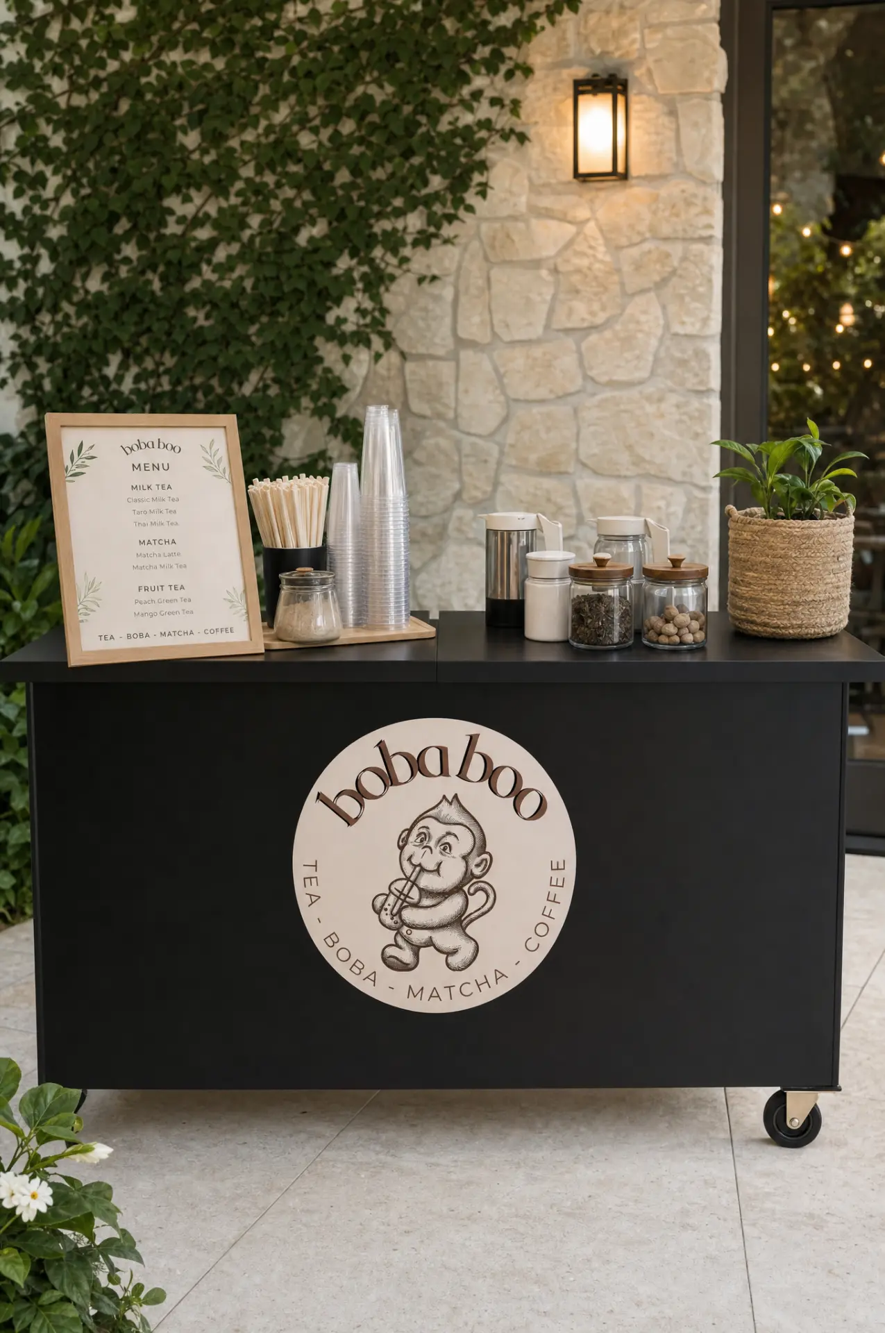 black boba boo cart with a framed menu set up outdoors against a stone wall
