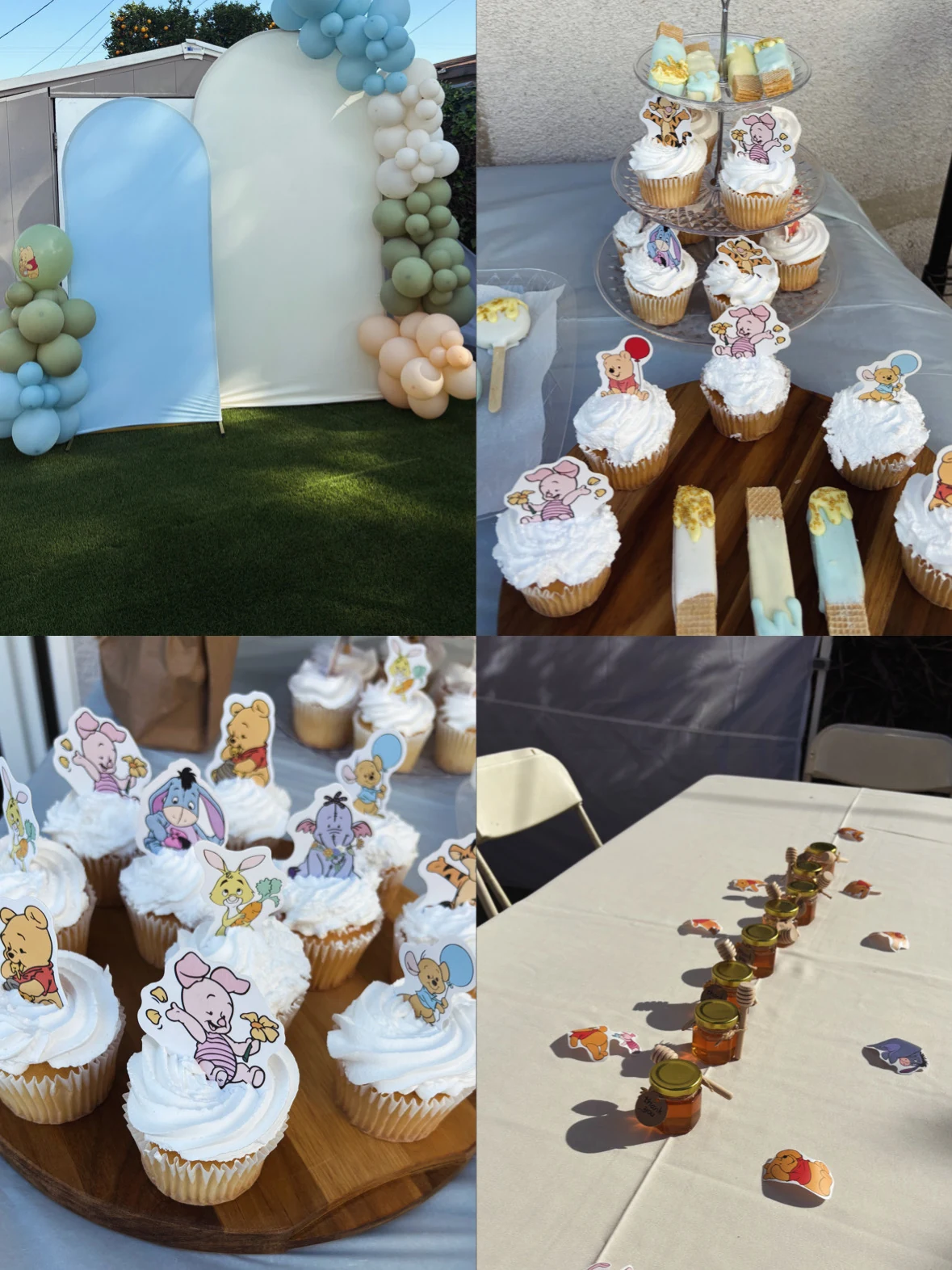 Winnie the Pooh party collage with blue and cream balloon arches, character-topped cupcakes, pastel treats and honey-jar table favors