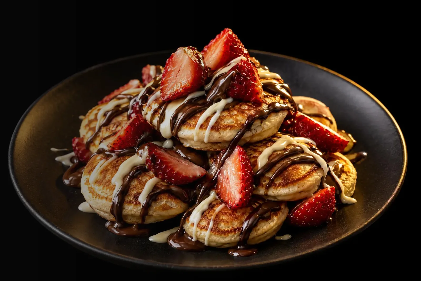 Mini Pancakes & Crepes: Mini pancakes drizzled with chocolate and white chocolate, topped with fresh strawberries on a black plate
