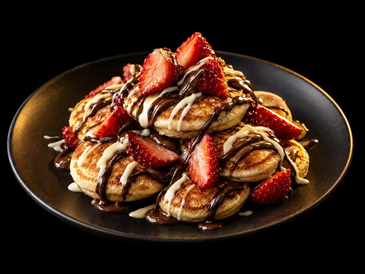 Fluffy bite-sized mini pancakes with fruit and sweet toppings