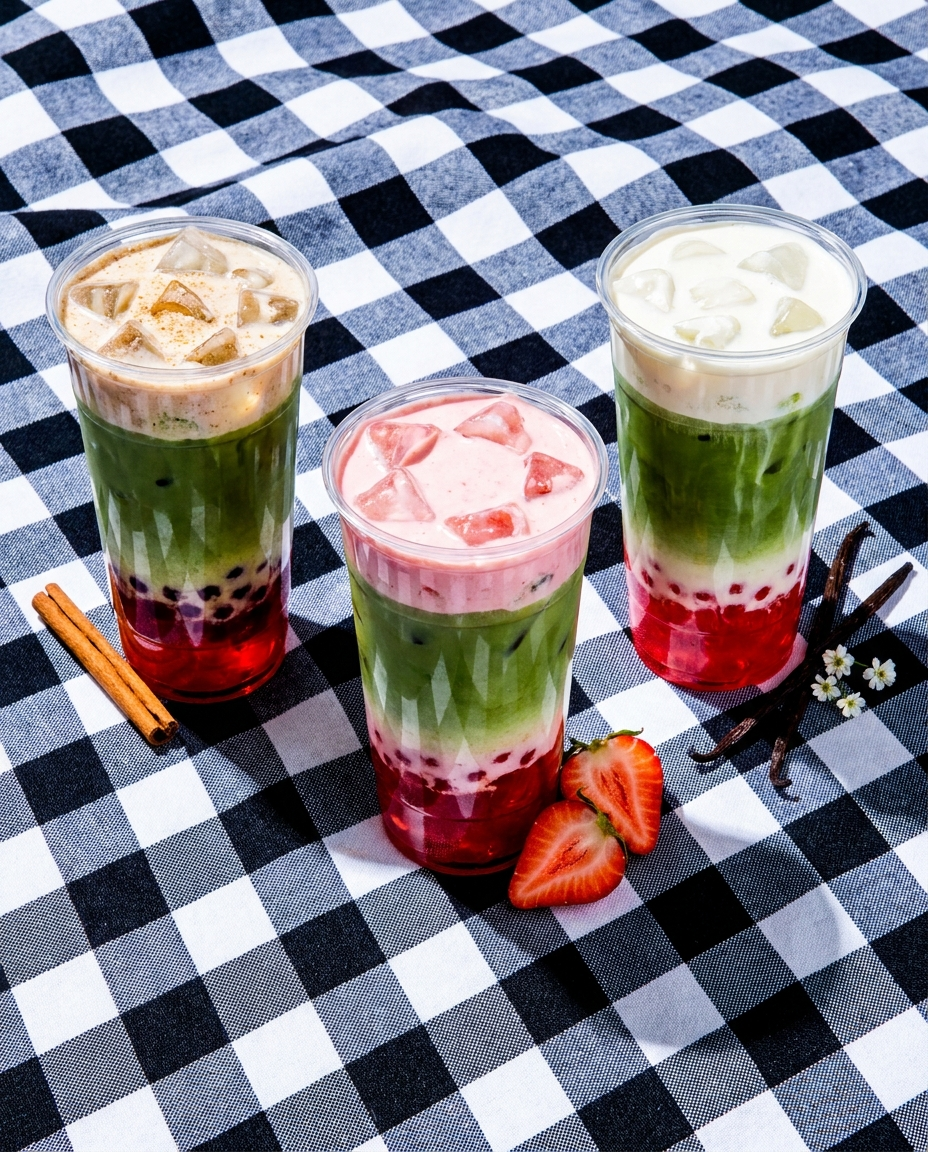 Iced matcha boba with cream foam