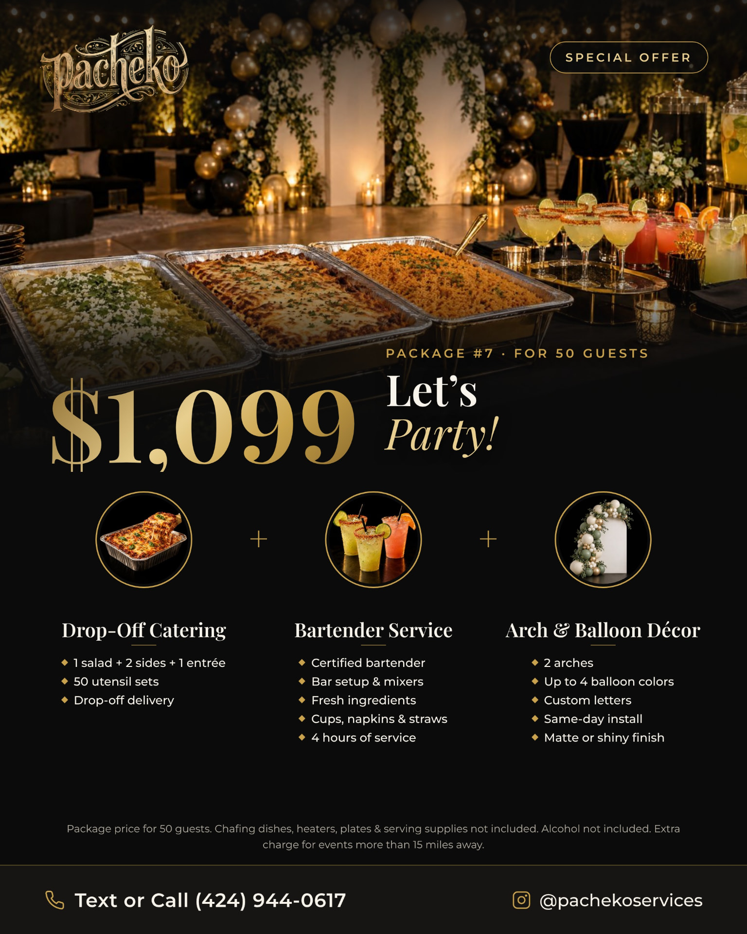 Package #7: Let's Party!, $1,099 for 50 guests — promo flyer