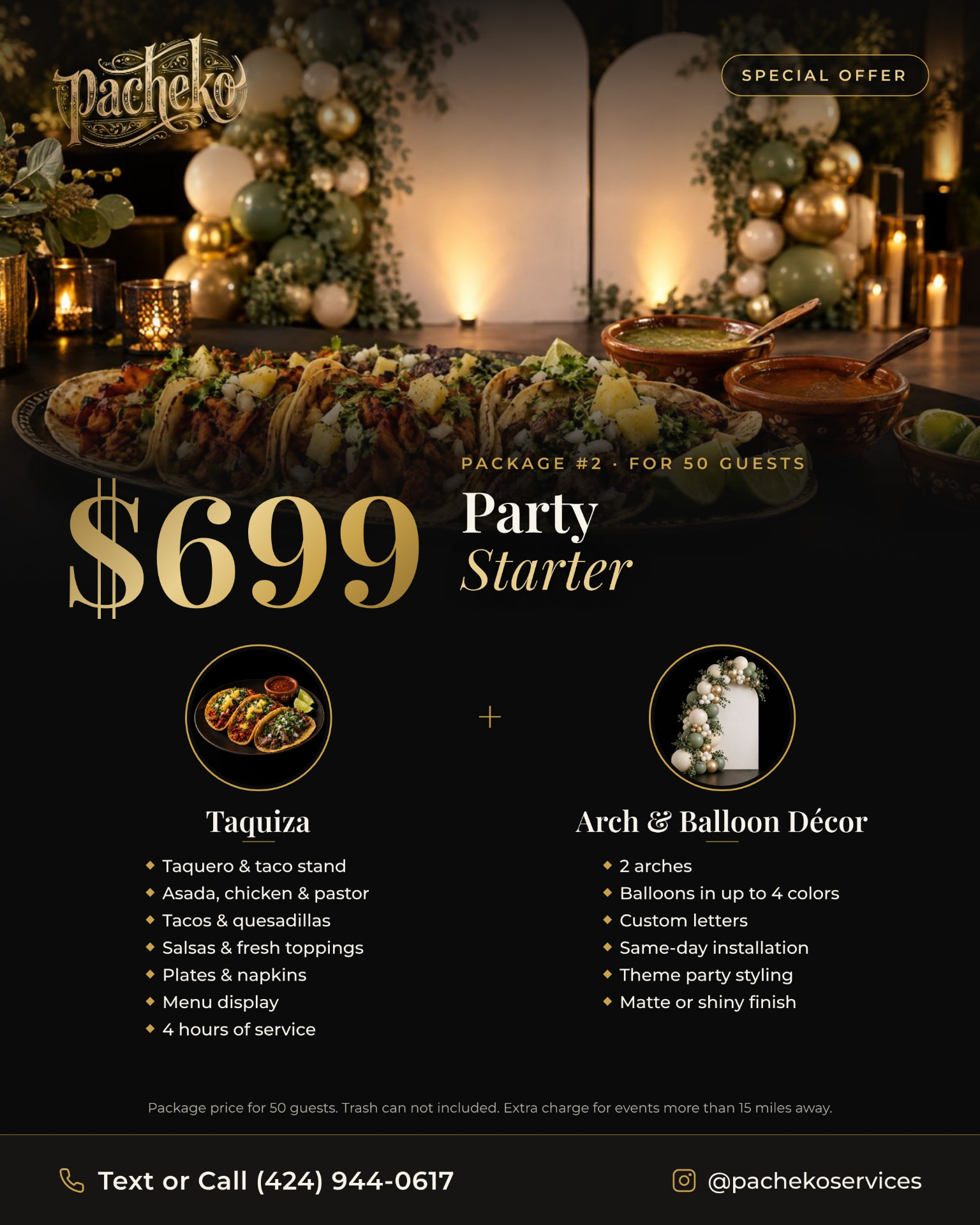 Package #2: Party Starter, $699 for 50 guests — promo flyer