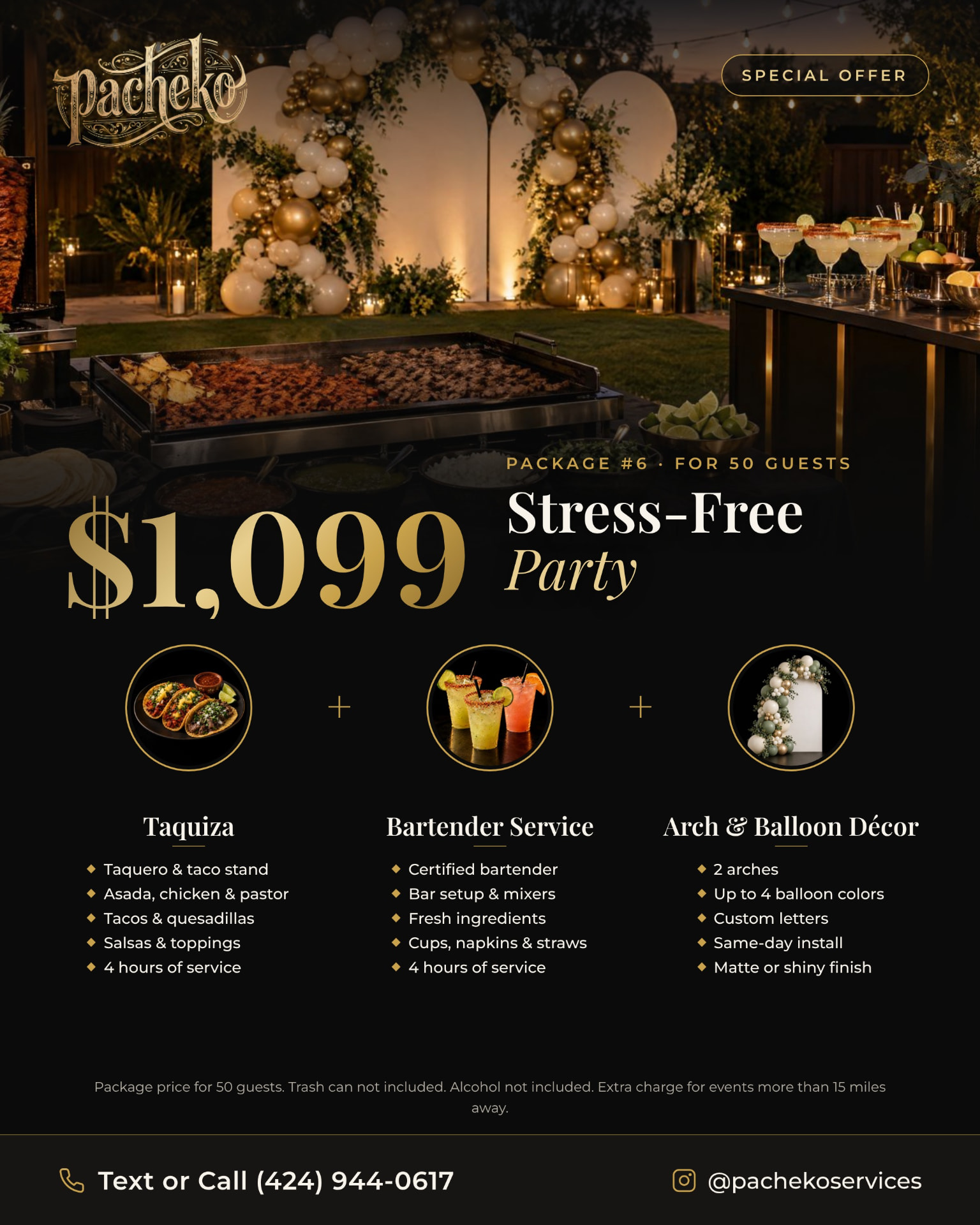Package #6: Stress-Free Party, $1,099 for 50 guests — promo flyer