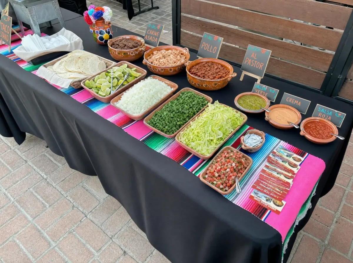Taco stand buffet on a striped serape runner — clay bowls of carne asada, pollo and al pastor with warm tortillas, salsas and fresh toppings