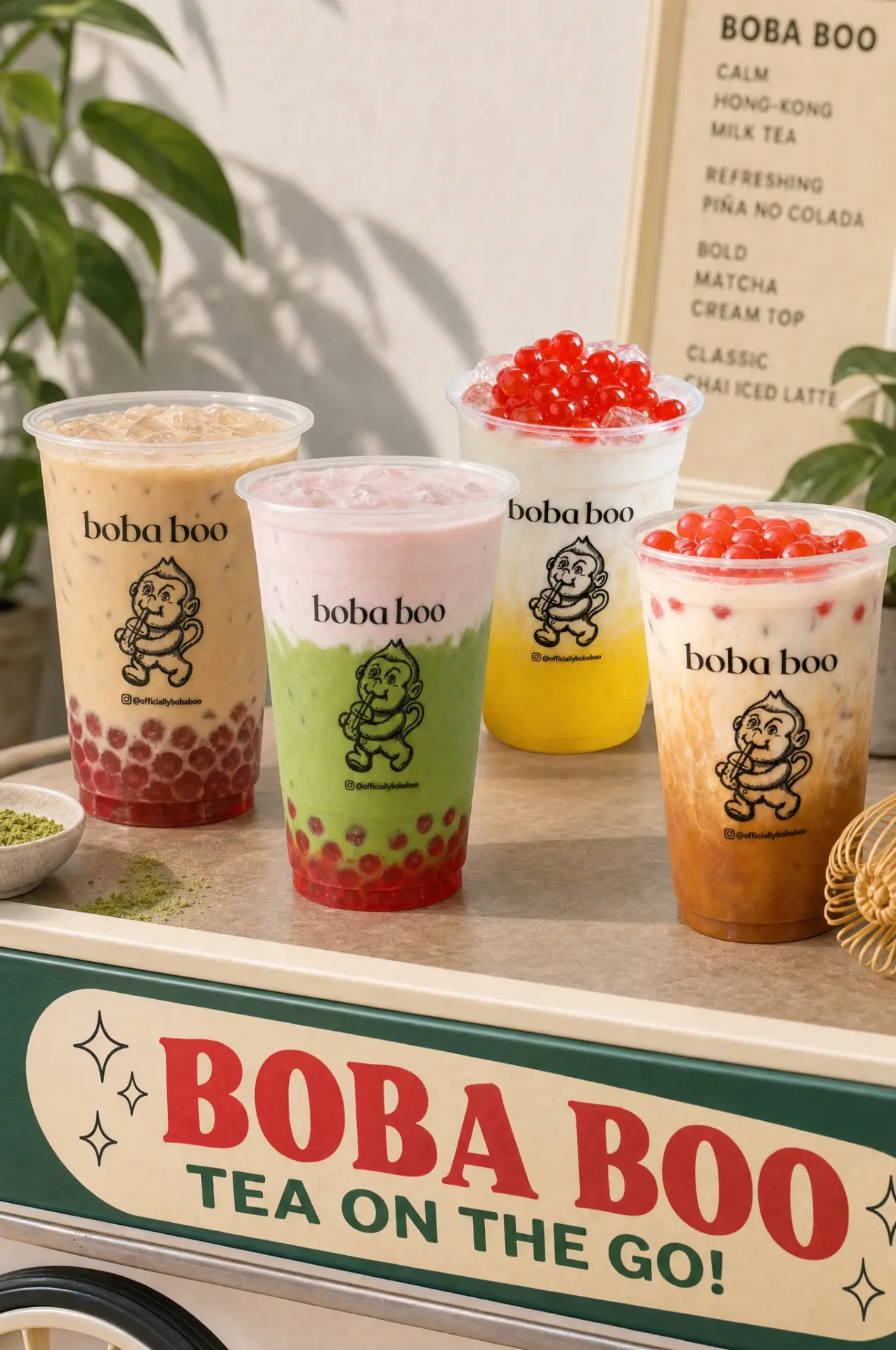 boba boo Tea On The Go cart top with four drinks and a matcha whisk