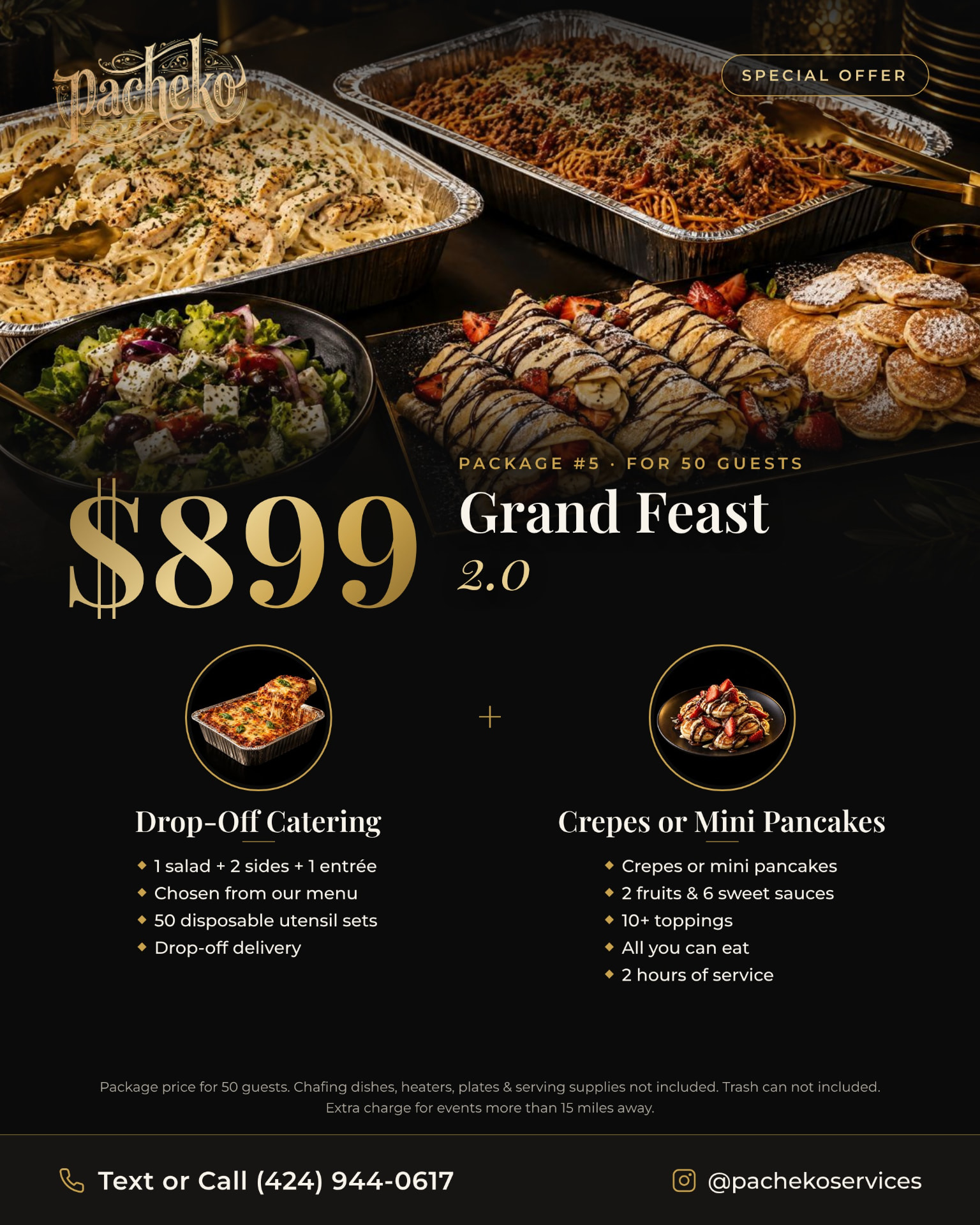 Package #5: Grand Feast 2.0, $899 for 50 guests — promo flyer