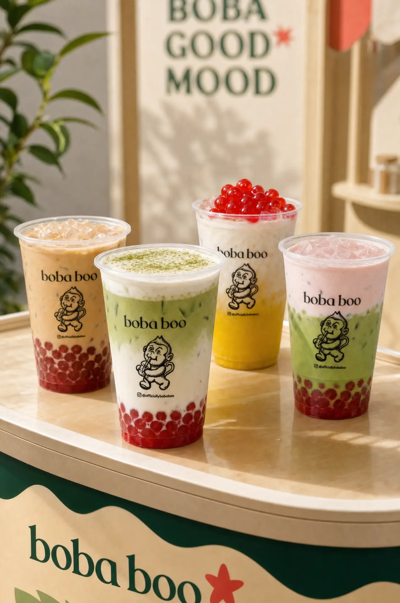 tray of boba boo drinks with matcha cream top in front of a Boba Good Mood sign — @officiallybobaboo