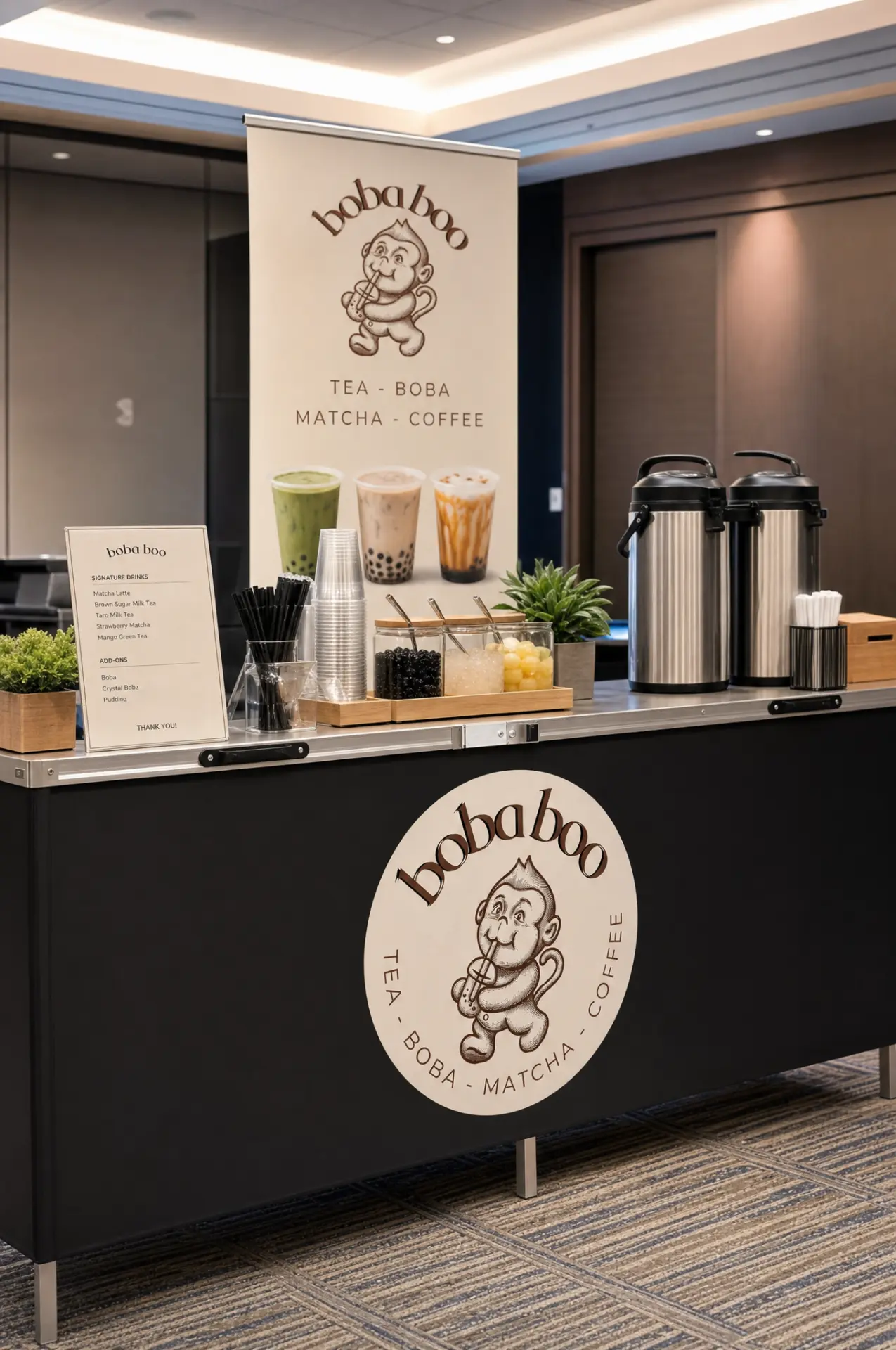boba boo bar setup with airpots and toppings at an indoor corporate event