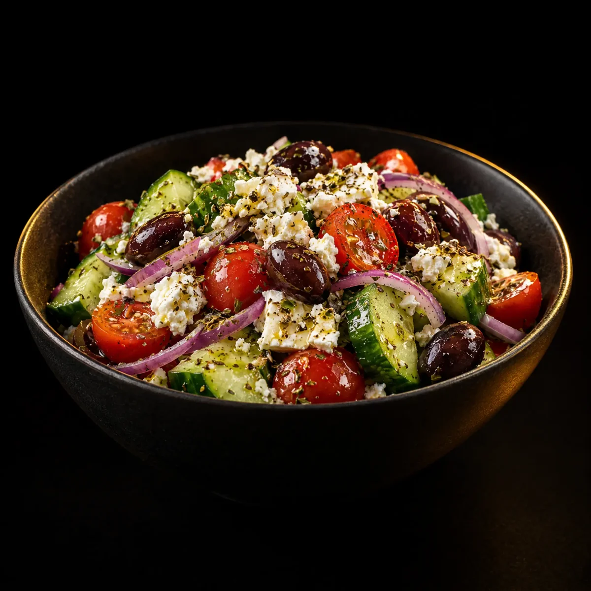 Greek salad with cucumbers, tomatoes, feta, red onion and olives in a black bowl