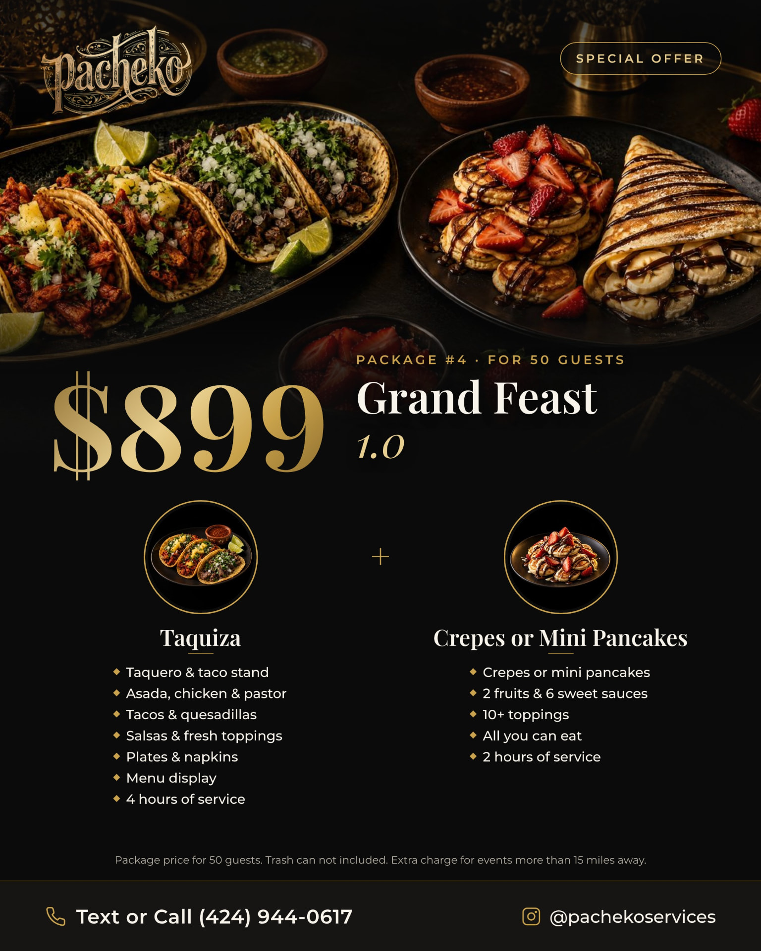 Package #4: Grand Feast 1.0, $899 for 50 guests — promo flyer