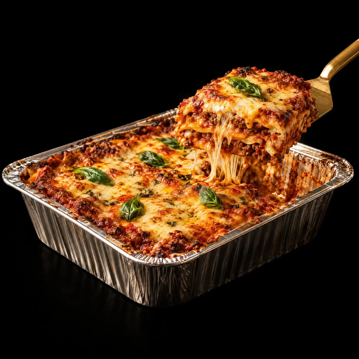 Baked lasagna in a catering tray with a cheesy portion lifted on a gold spatula