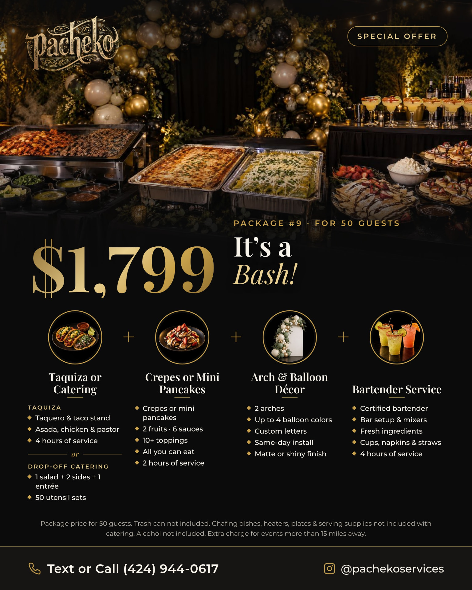 Package #9: It's a Bash!, $1,799 for 50 guests — promo flyer