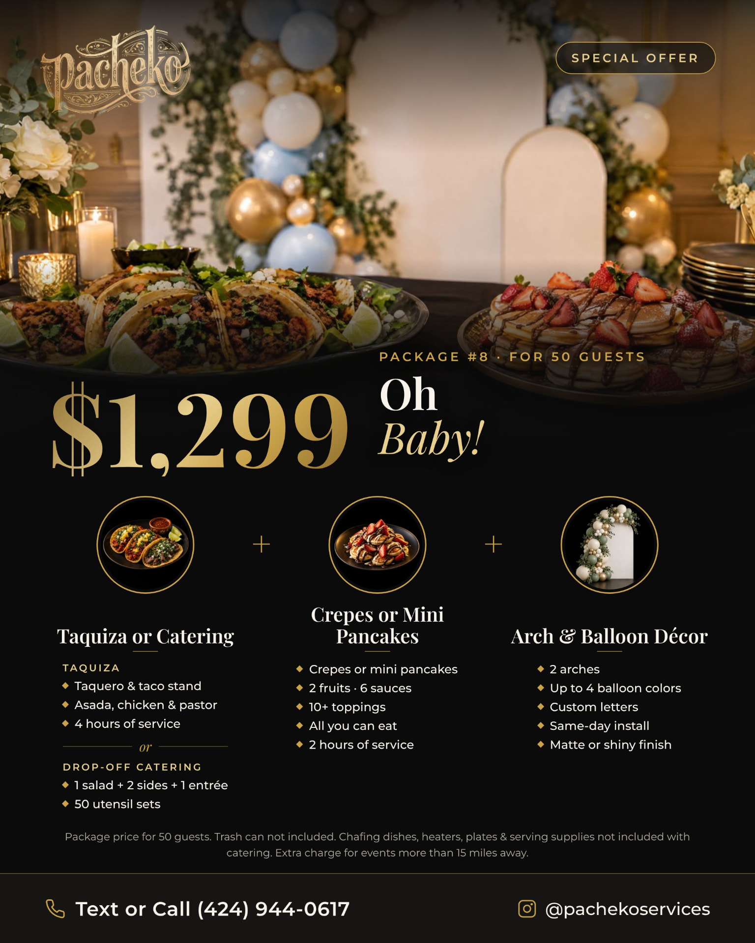 Package #8: Oh Baby!, $1,299 for 50 guests — promo flyer