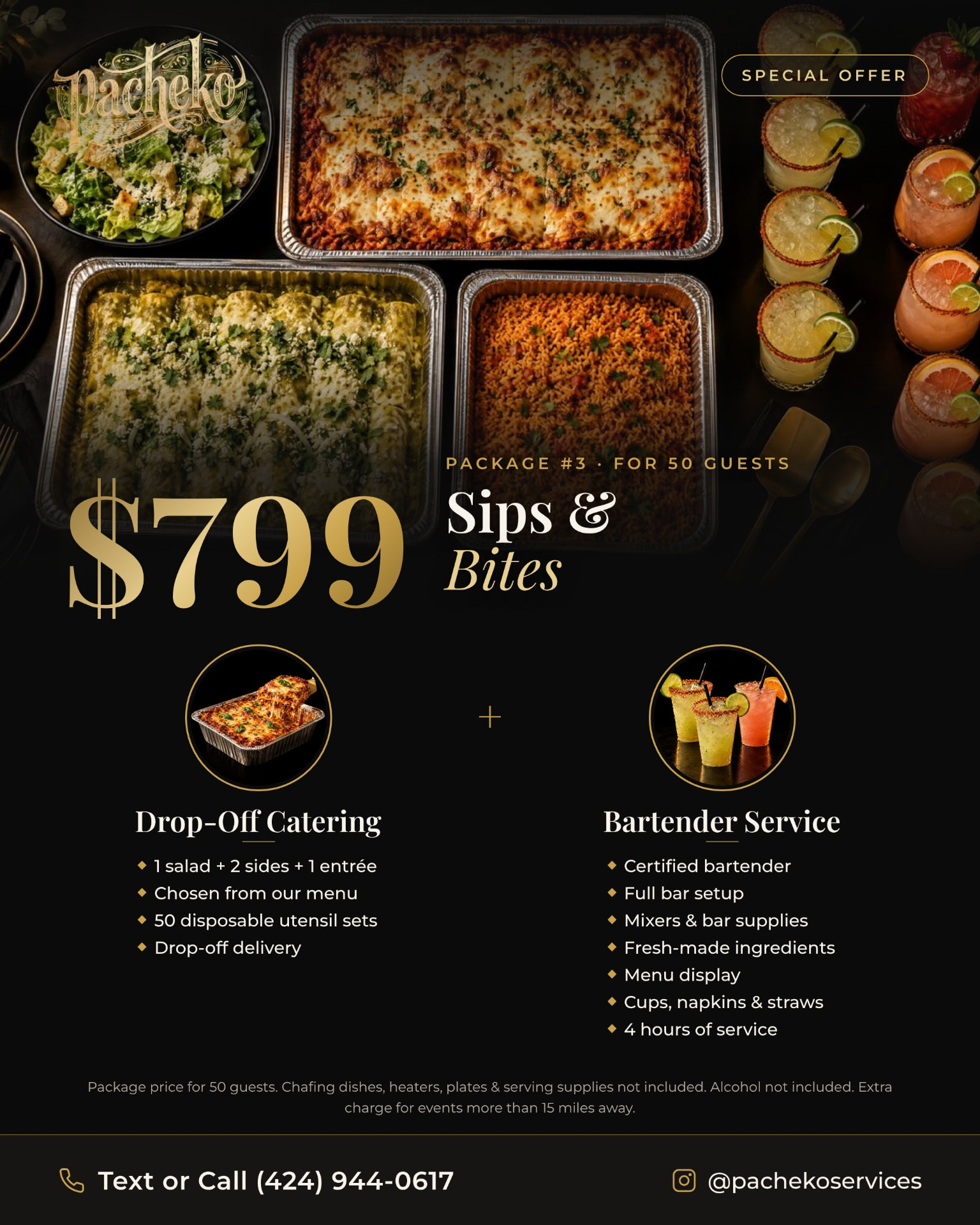 Package #3: Sips & Bites, $799 for 50 guests — promo flyer