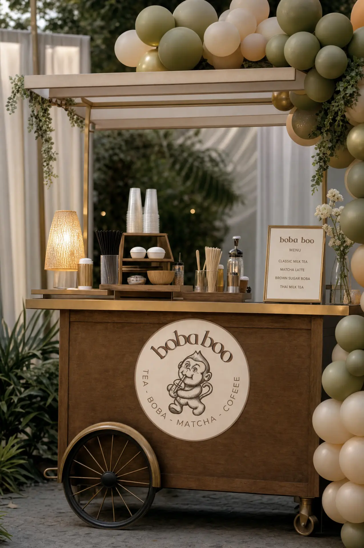 vintage wooden boba boo cart under a green and cream balloon arch at a party