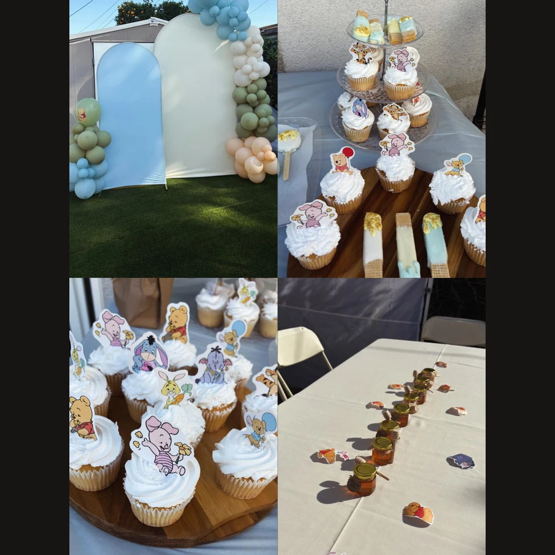 Winnie the Pooh celebration collage with balloon arches, character cupcakes, pastel treats and honey-jar favors