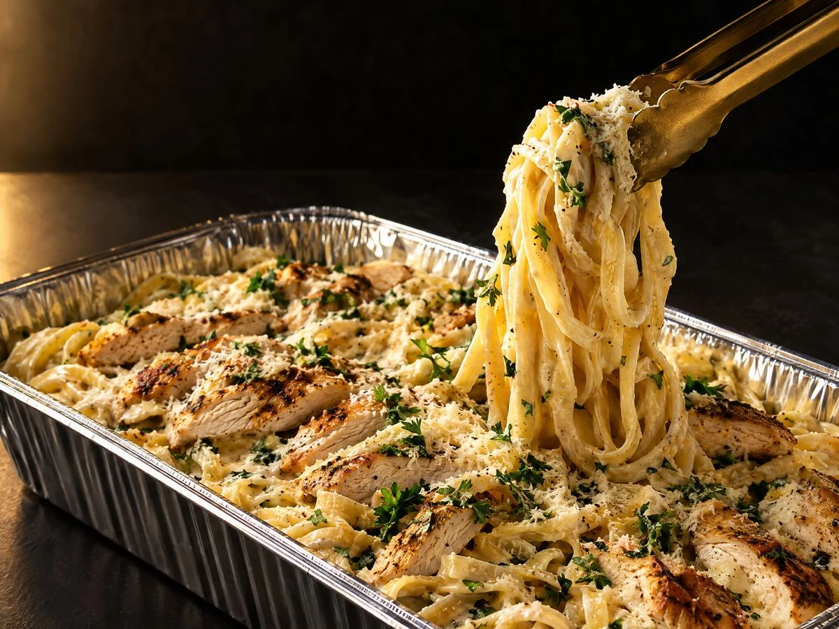 Drop-Off Catering: Chicken fettuccine Alfredo in a foil catering tray, gold tongs lifting a twirl of pasta, topped with charred chicken slices, Parmesan and parsley