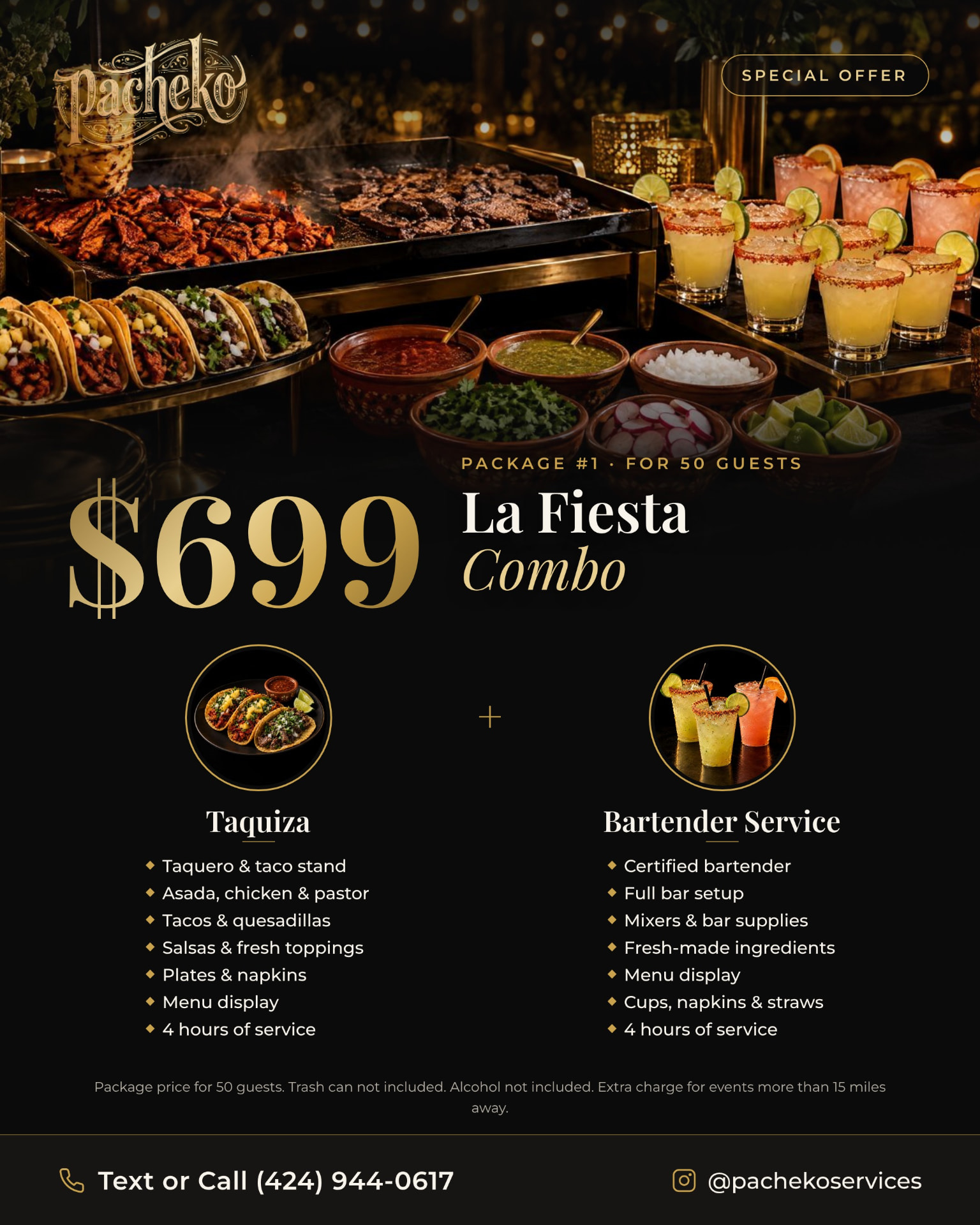 Package #1: La Fiesta Combo, $699 for 50 guests — promo flyer