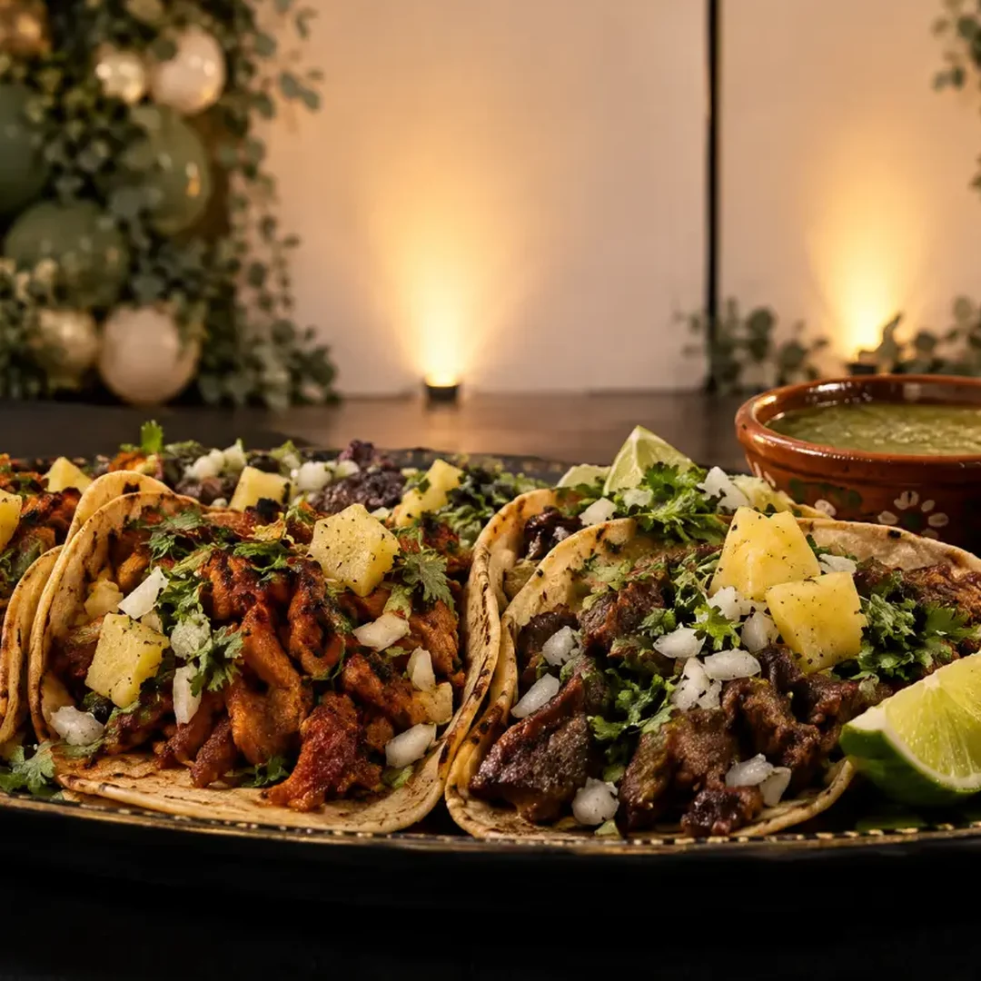 A platter of tacos topped with pineapple, cilantro and onion, with a clay bowl of green salsa in front of sage and gold balloon décor
