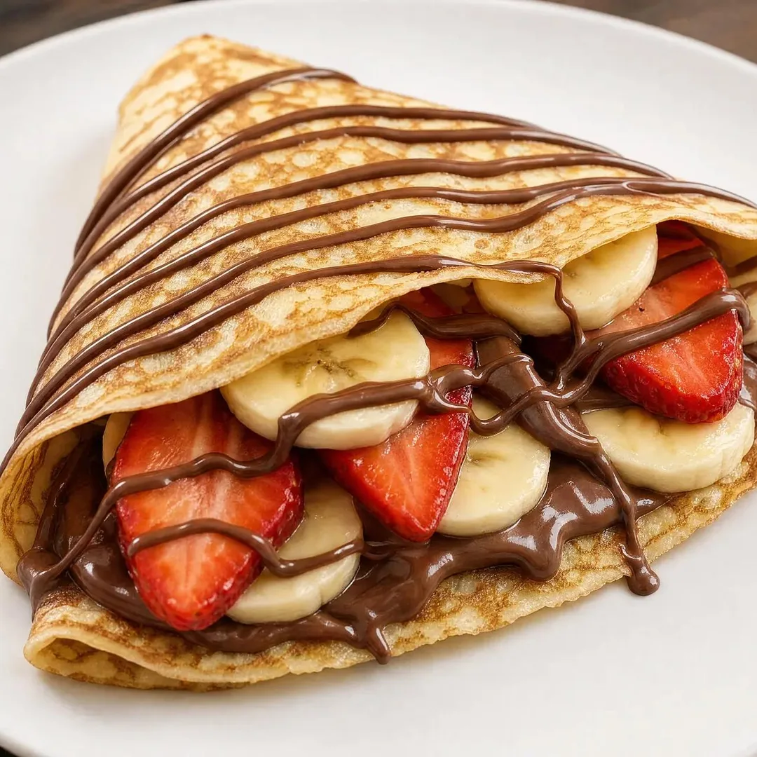 Strawberry and banana crepe with chocolate drizzle