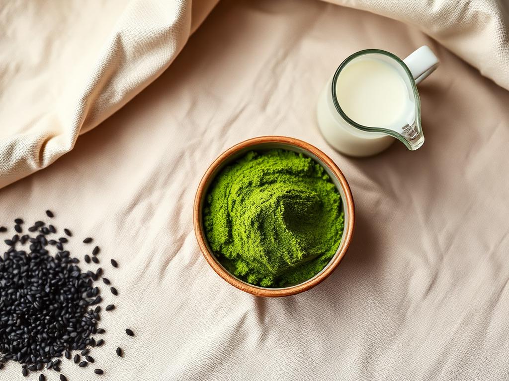 Main ingredients: matcha powder, black sesame seeds, milk