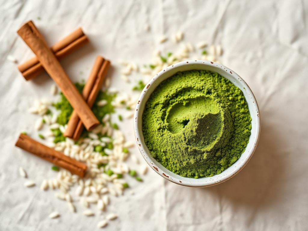 Main ingredients: matcha powder, cinnamon sticks, rice