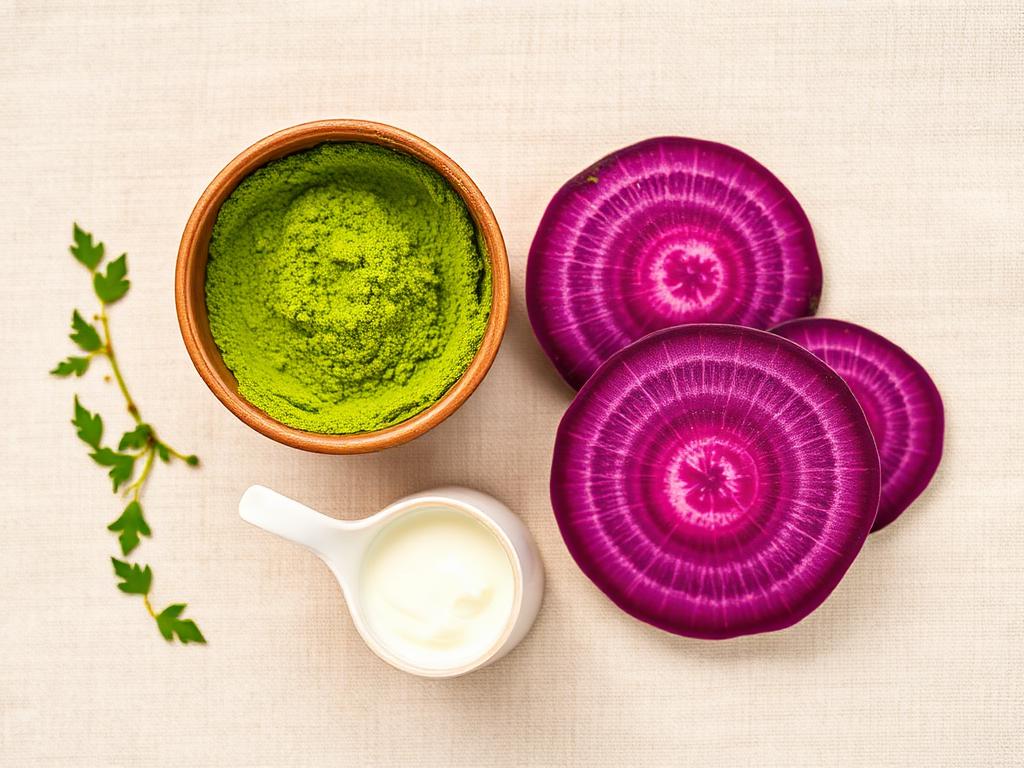 Main ingredients: matcha powder, purple ube, cream